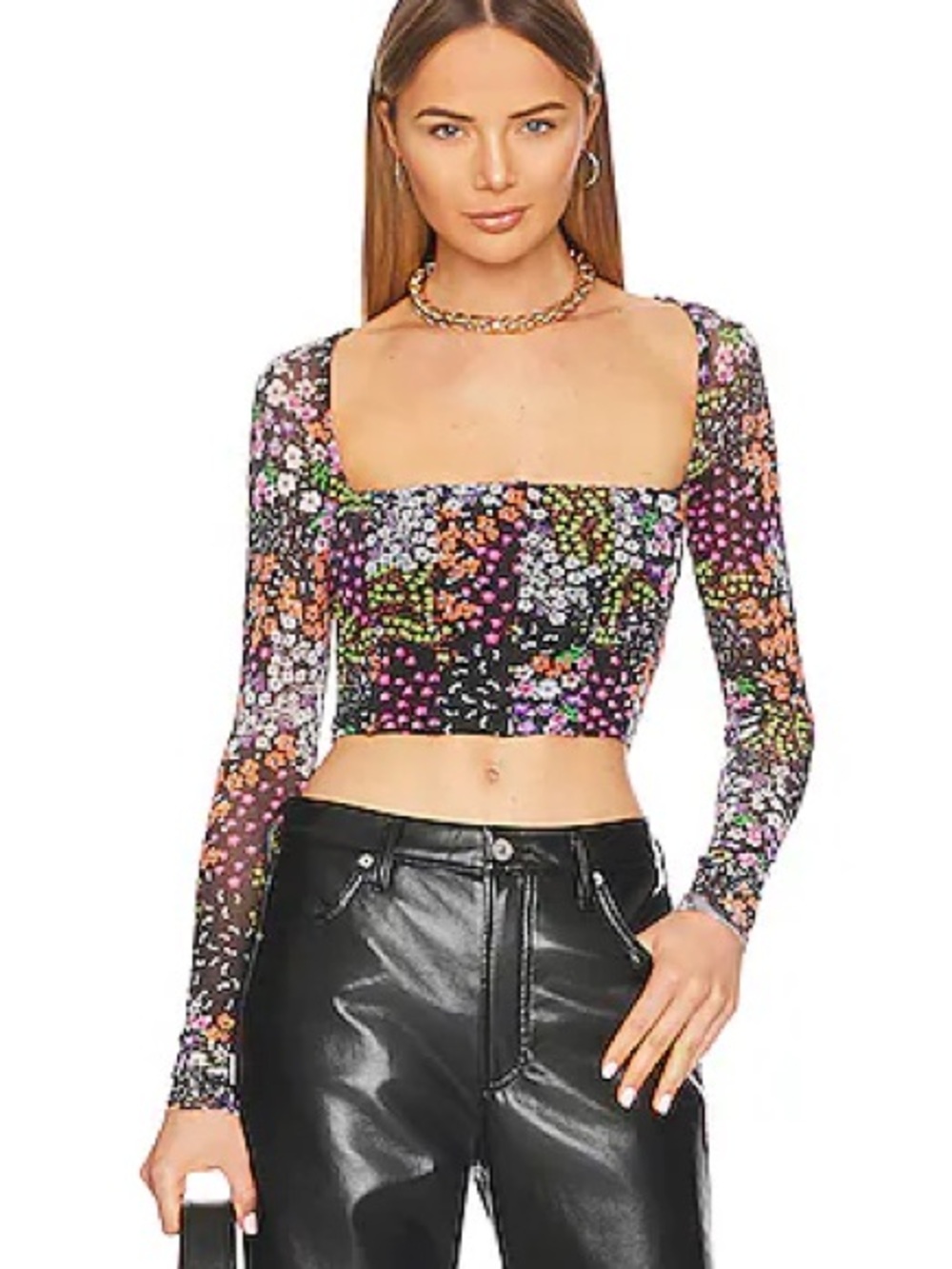 AFRM Black Floral Square-Neck Long-Sleeve Crop Top